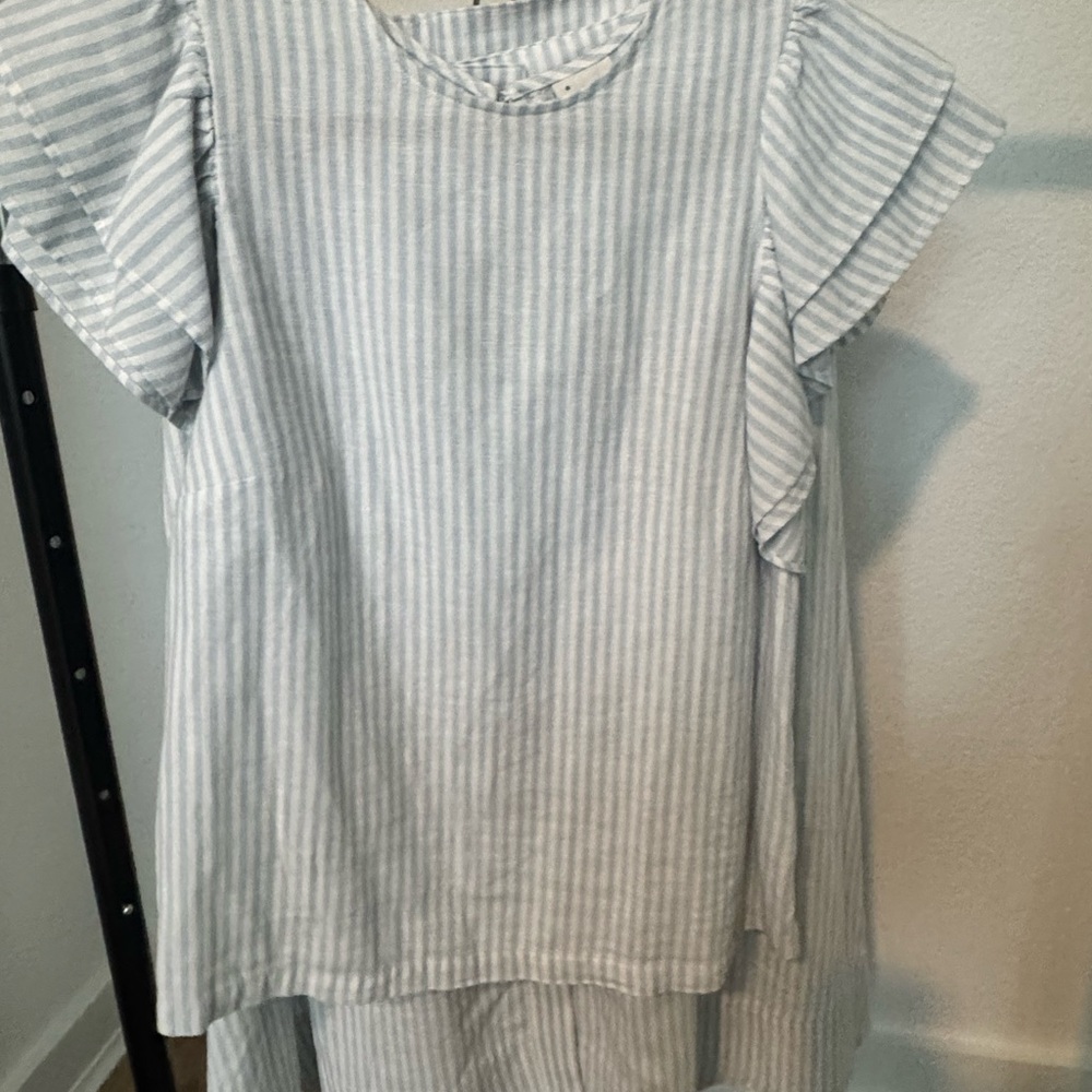 a new day Women's Striped Blouse & skirt Linen SET in Light Blue and White.